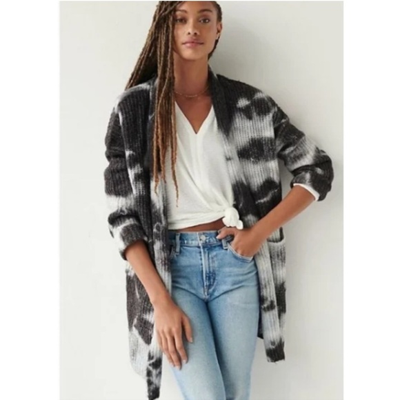 By Anthropologie Sweaters - Anthropologie Avalon Tie Dye Cardigan Sweater Long Length Black Gray Size Small